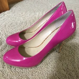 Pink patent pump with cork heel 4”